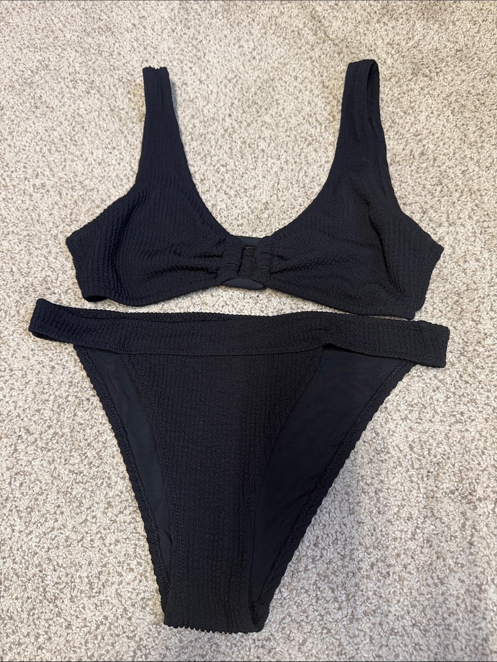 aerie Black Textured Bikini Set - Knot-Front Top & High-Leg Bottom